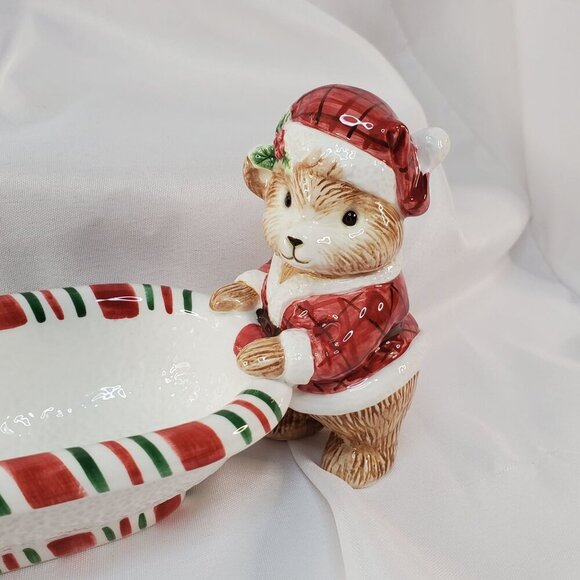 Fitz and Floyd Essentials Peppermint Teddy tidbit cracker dish 13.5 inches tall - Picture 5 of 10